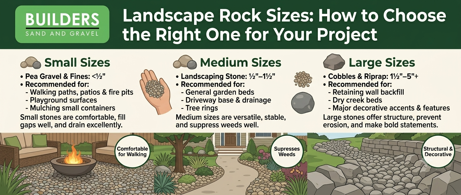 Landscape rock sizes guide comparing small, medium, and large rock for different project uses