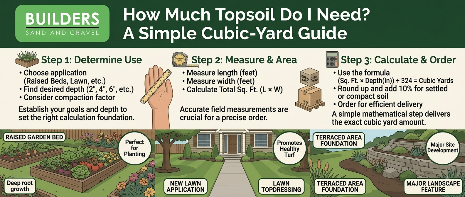 Infographic: how much topsoil do I need - three steps to measure your area, apply the cubic yard formula, and order the right amount